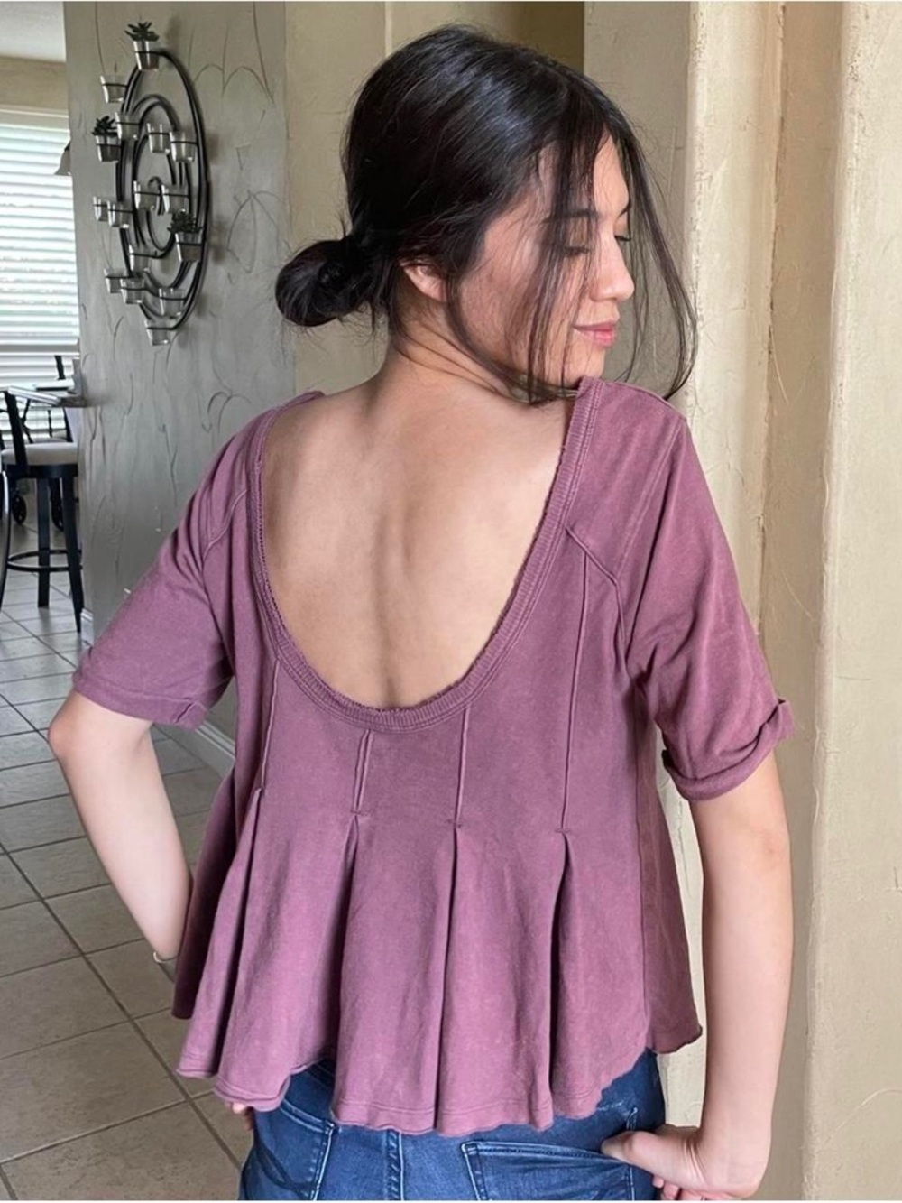 Free People Washed Plum Scoop-Back Peplum Tee M